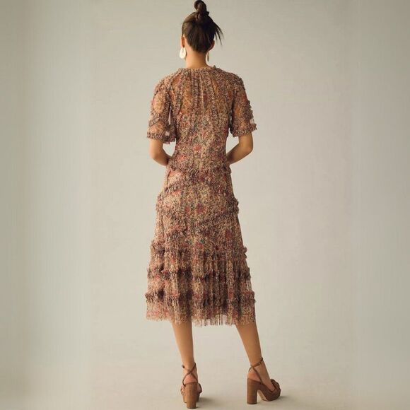 Mac Duggal 8010 Size 2 Beige Floral Flutter Sleeve Ruffle Mesh Print Midi Dress - Picture 3 of 8